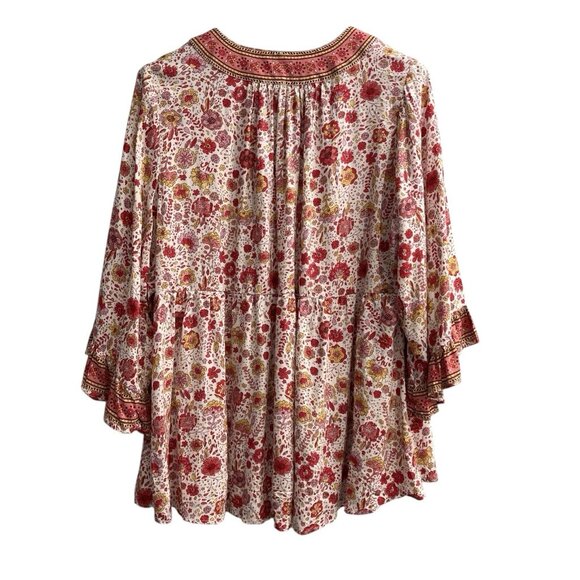 Cynthia Rowley Top Womens 1X Pink Floral Tie V Neck Tunic Boho Hippie Peasant - Picture 2 of 9